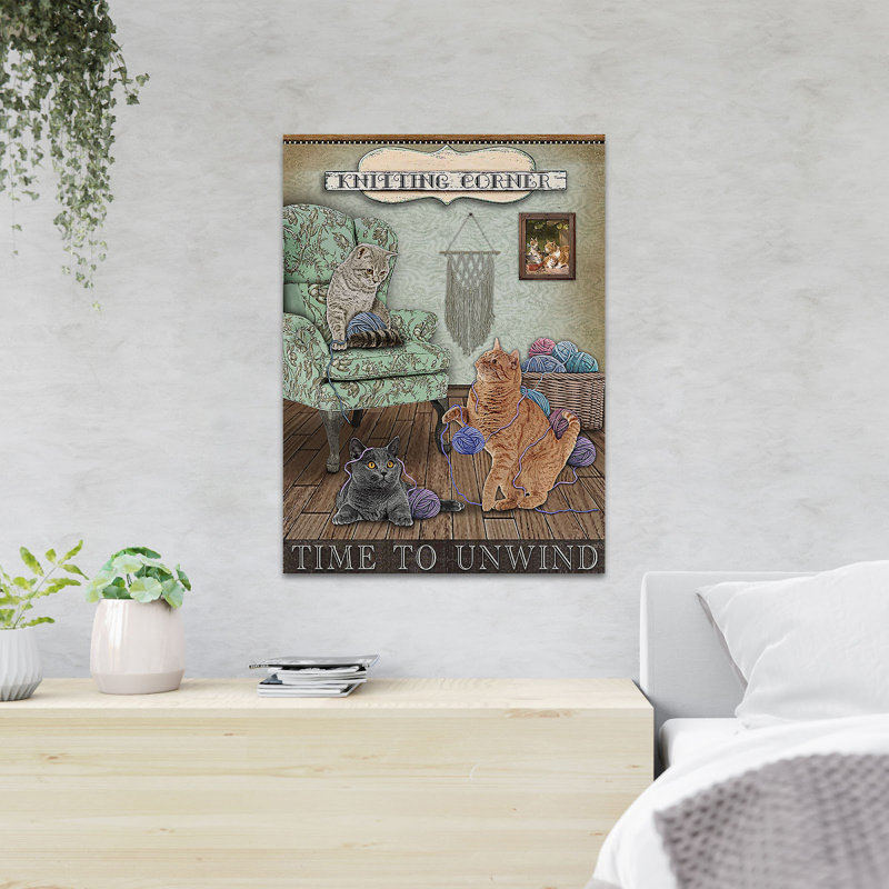 Cats And Yarns - Knitting Corner Time To Unwind - 1 Piece Rectangle Graphic Art Print On Wrapped Canvas, 14" H x 11" W x 2" D