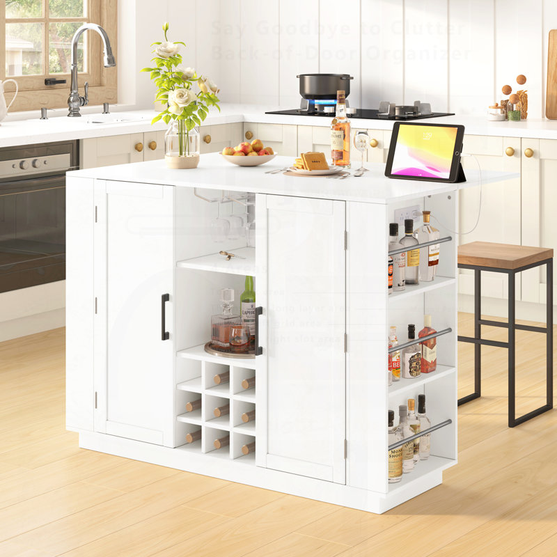 Îlot de cuisine polyvalent avec abattant, prise de courant, bar à vin et rangement pour les cuisines modernes, Blanc