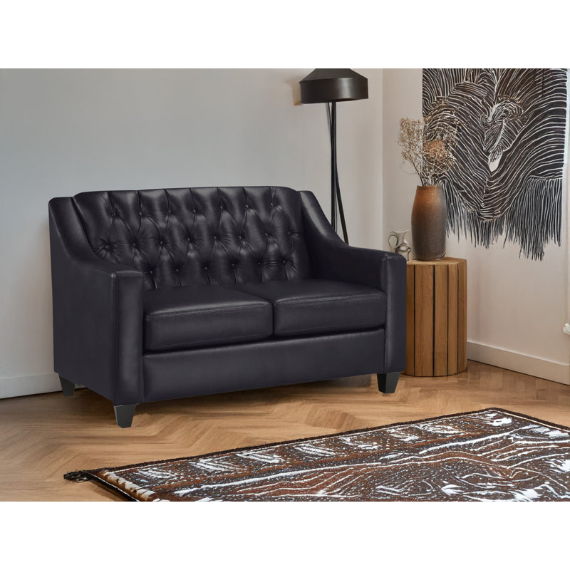 Debolt 56" Genuine Leather Square Arm Loveseat, Black Leather Match