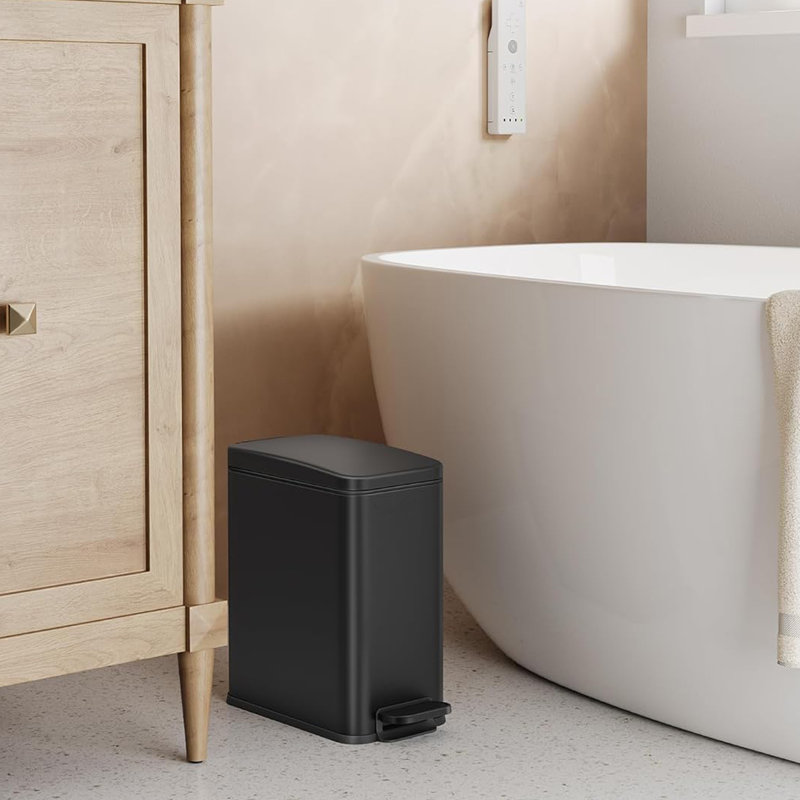 Slim Black Stainless Steel Rectangular Trash Can with Pedal