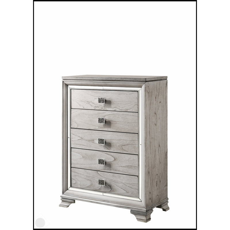 Commode contemporaine à 5 tiroirs avec accents en miroir et rangement spacieux, parfaite pour les chambres modernes et les petits espaces.