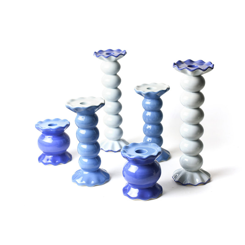 Iris Blue Knobbed Candle Holder With Ruffle 6 Piece Set