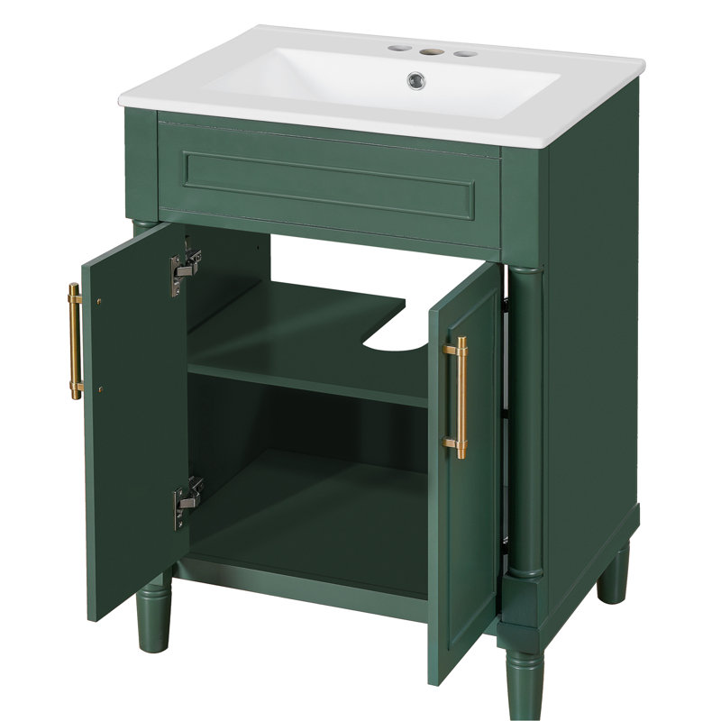 Meuble-lavabo de salle de bain d'une largeur de 24 po, lavabo en céramique intégré, armoire à 2 portes, solution d'espace pour tablettes moyennes et réglables, dimension gracieuse de la conception du lavabo, rangement, petits espaces,