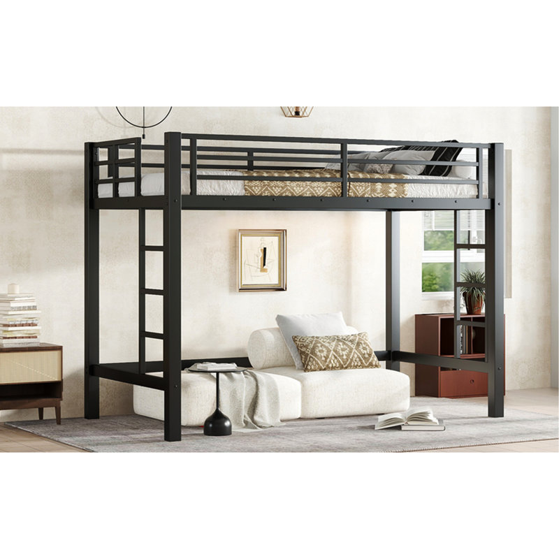 Lit mezzanine simple en métal noir avec échelle double, cadre et lit sécuritaire pour votre dortoir