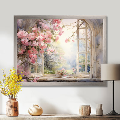 Pink Blossoming country window Gaze  I - Window Canvas Print Wall Art