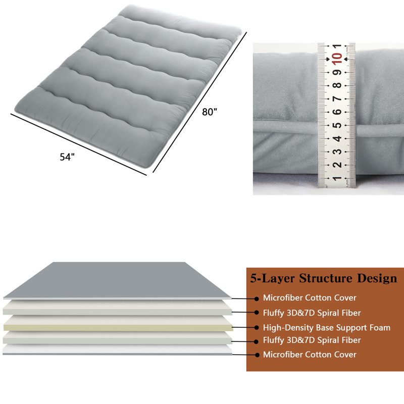Portable Japanese Futon Mattress, Floor Lounger Bed, Tatami Mat Sleeping Pad for Camping, Guest Room, Full, Light Gray