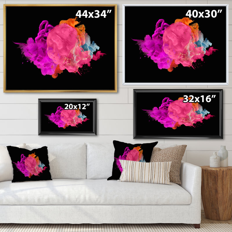 Fuchia et encre rose sur fond noir - peinture sur toile, H 24 po x l 32 po x P 1 po, Cadre flottant doré