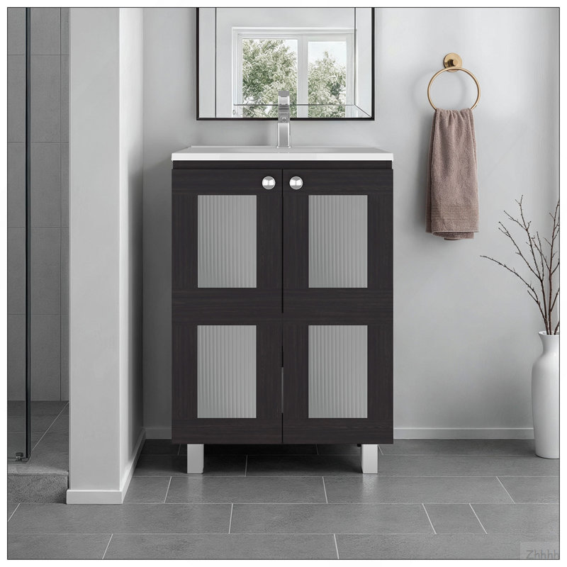 Haysi Bathroom Vanity Cabinet With 2 Frosted Glass Doors, Resin Sink And 2 Interior Shelves Cabinet, Compact Vintage And Modern Bathroom Vanity