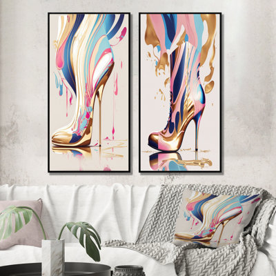" Pink And Blue Art Deco High Heel Boots I " 2 - Pieces
