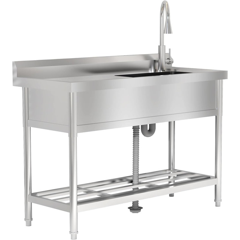 Stainless Steel Utility Sink with Drainboard, Free Standing Single Bowl Kitchen Sink with Cold & Hot Water Faucet, Washing Hand Basin for Laundry Room Farmhouse Indoor and Outdoor Sink