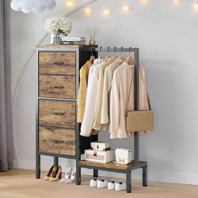 Rangement à 6 tiroirs, commode en tissu avec rail suspendu et tablette ouverte, garde-robe compacte pour chambre à coucher, salon et entrée