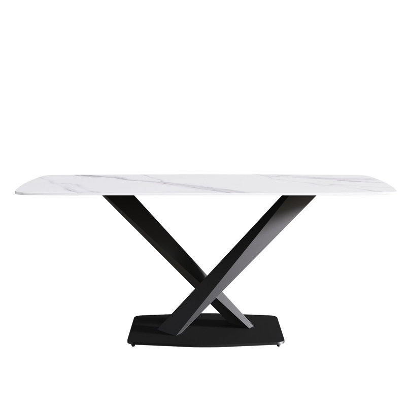 Table de salle à manger 69,71 po en pierre frittée blanche avec pieds en métal noir - Siège rectangulaire pour 6 à 8 personnes