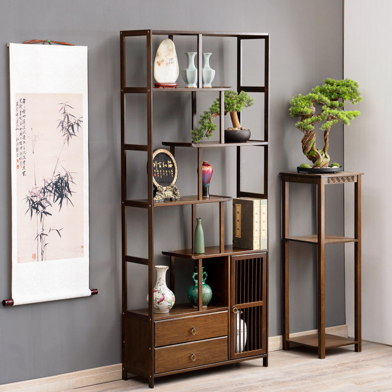 MoNiBloom Brown Bamboo 7-Tier Freestanding Bookcase with Drawers