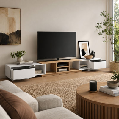 Meuble télé 101 po à 130 po avec tiroirs, console multimédia moderne à profil bas avec gestion des câbles