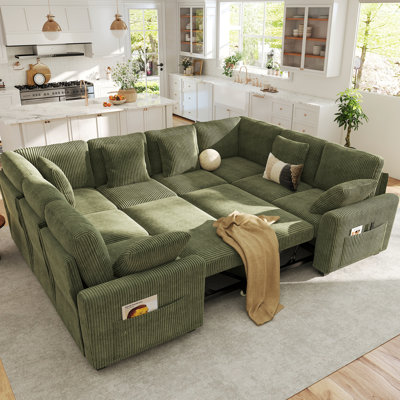 Macleod 110" Upholstered Corduroy U Shaped Modular Sectional Sleeper Sofa with Pull Out Bed and Storage Seat
