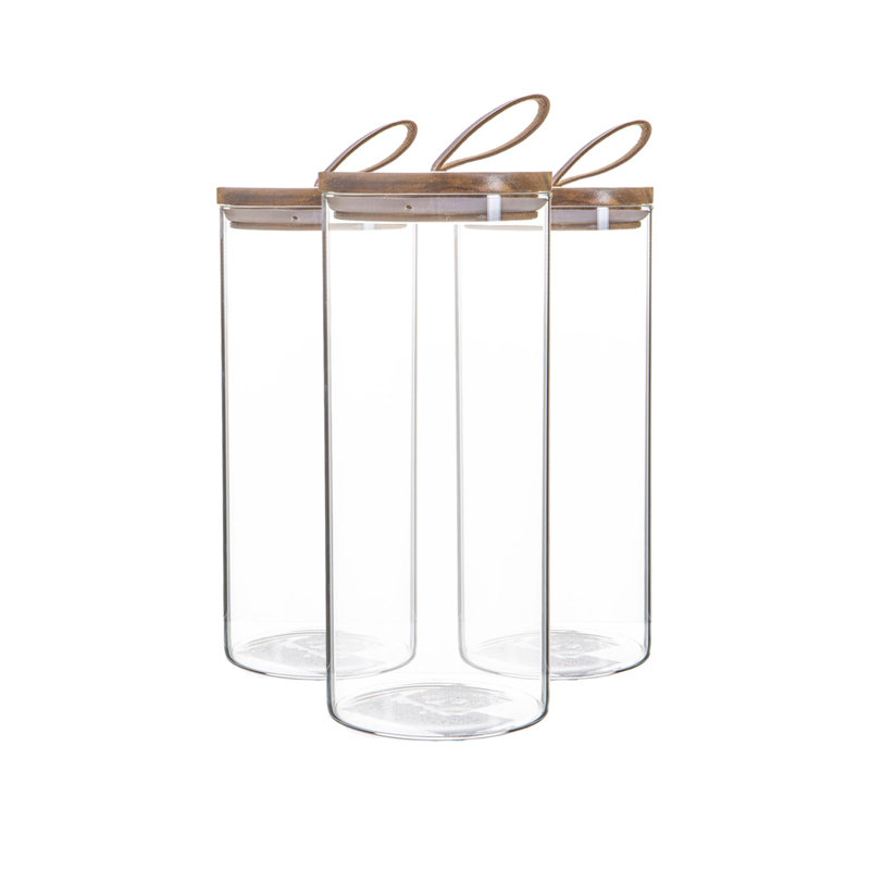 Argon Tableware - Glass Storage Jars with Wooden Lids - Leather Loop - 1.5 Litre - Set of 3