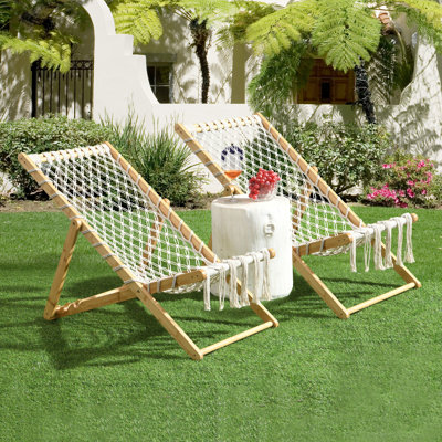 Deux chaises longues en corde tressée à la main pour jardin et piscine, fabrication artisanale par double tressage, trois réglages de profondeur, profondeur d'assise de 79 cm, profondeur d'emballage de 120 cm. Chaises de patio avec corde, convenant à toutes les conditions.