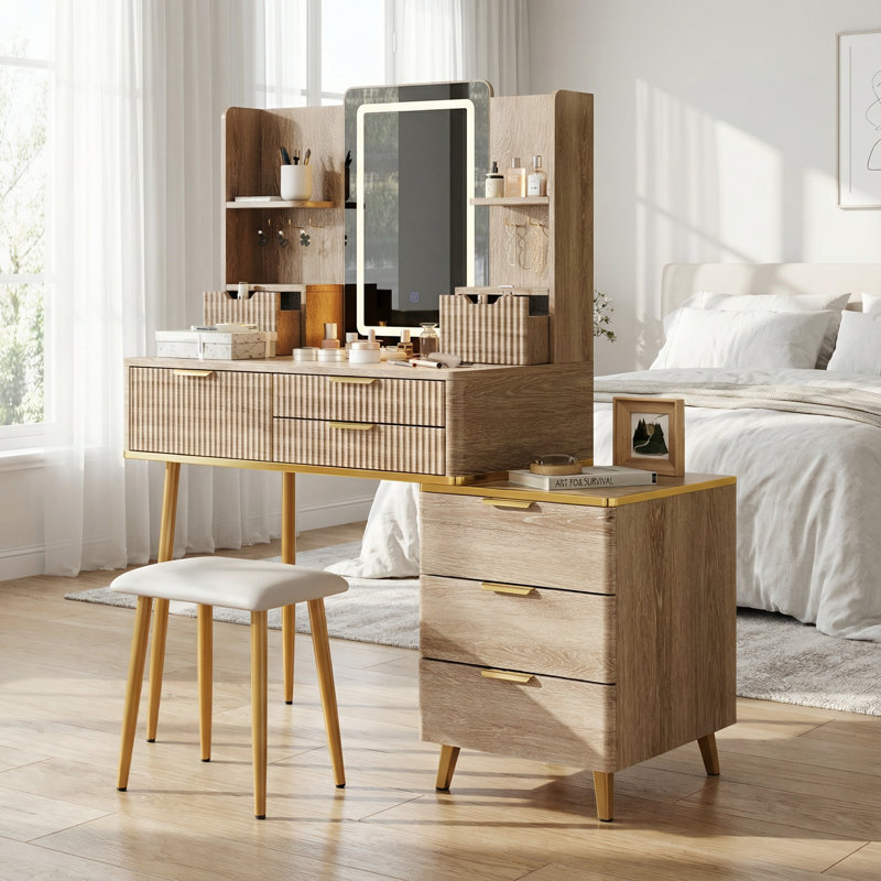 Seven-Drawer Vanity Desk with Integrated LED Mirror and Carved Fluted Details, Makeup Dressing Table with Metal Leg Frame and Included Upholstered Stool, Jewelry Storage Organizer for Bedroom and Apartment