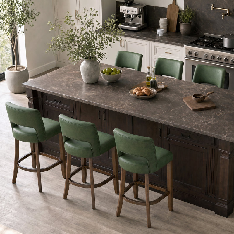Tabourets de bar modernes en similicuir, hauteur du comptoir, pieds en bois massif, ensemble de 6, Vert, 6