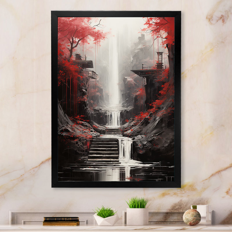 «Red Tree Endless Waterfall Journey», art sur toile, H 40 po x l 30 po x P 1,5 po, Cadre simple noir