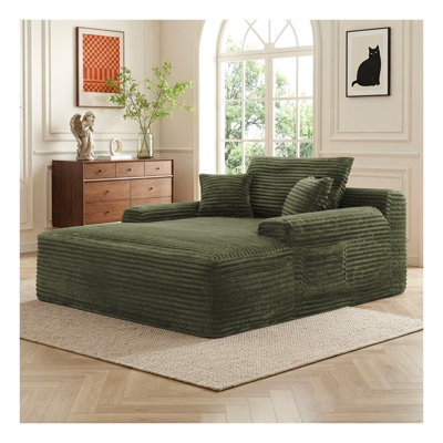 Chaise longue convertible en peluche avec larges accoudoirs et coussins décoratifs, canapé-lit sans dossier pour salon et chambre, vert