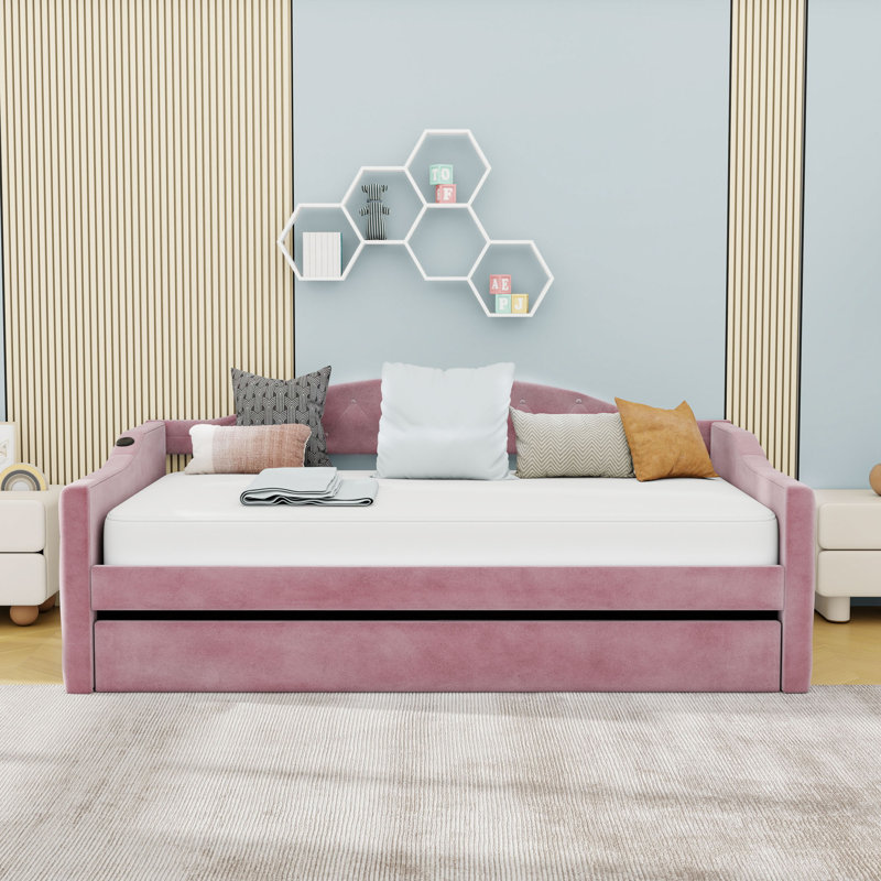 Twin Velvet Upholstered Daybed with Trundle and Tufted, Pink
