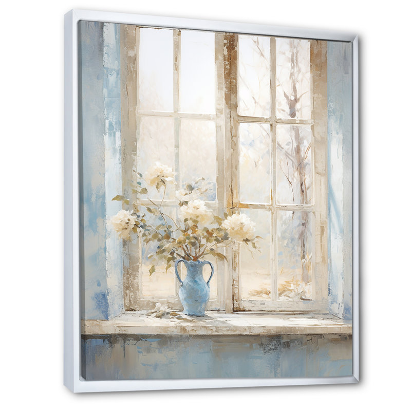 Blanc et bleu, minimalisme floral, fenêtres I, Cadre flottant blanc, H 40 po x l 30 po x P 1,5 po