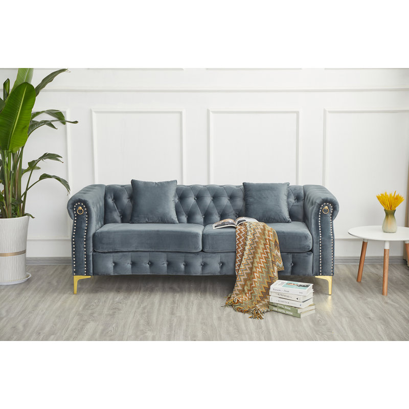 Canapé rembourré avec pieds en bois massif, Velours gris velours, H 30,3 po x l 84,6 po x P 30,7 po