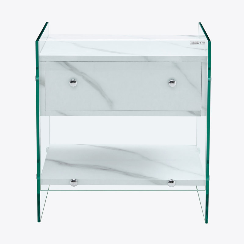 Bedside table with drawers. The board surface is MDF with white grain sticker, and both sides are transparent tempered glass. The design is simple and elegant, with excellent storage functions.