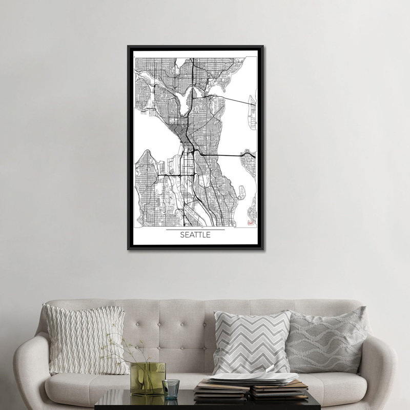 «Seattle Minimal Urban Blueprint Map», impression sur toile, H 26 po x l 18 po x P 1,5 po, Toile encadrée noire, Pas de tapis