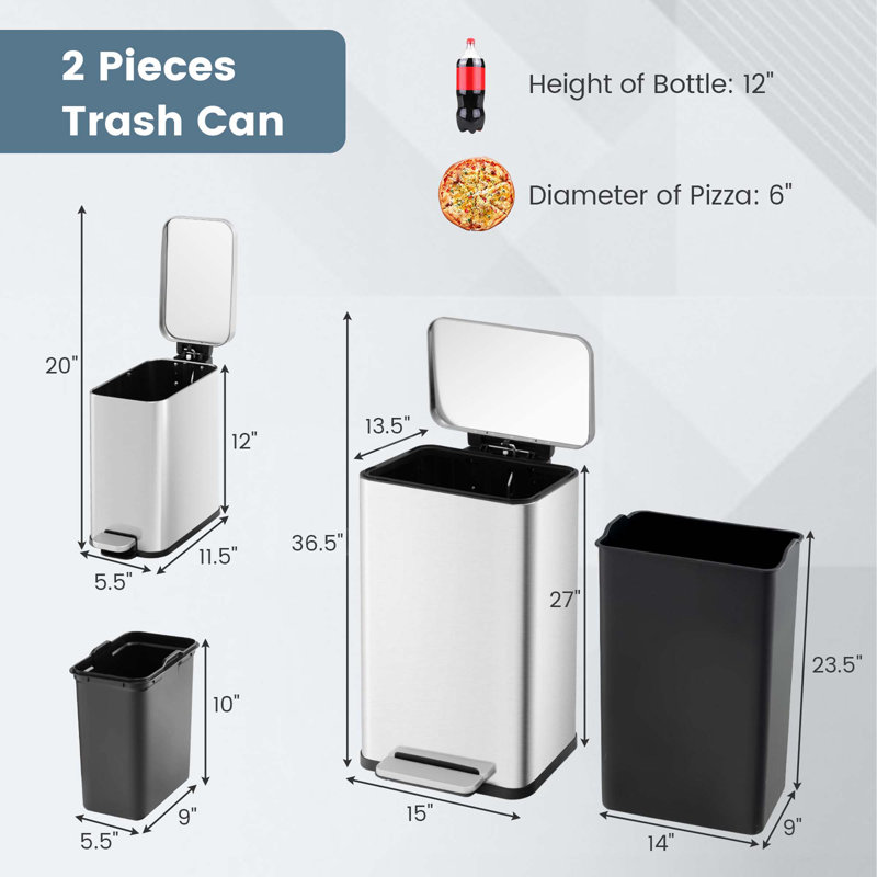 Ensemble de 2 poubelles avec seaux intérieurs amovibles à pédale pour la cuisine