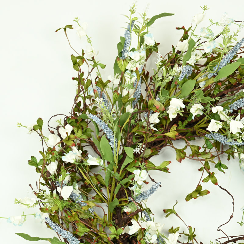 Couronne de fleurs artificielles 24 po à fleurs, Vert/bleu