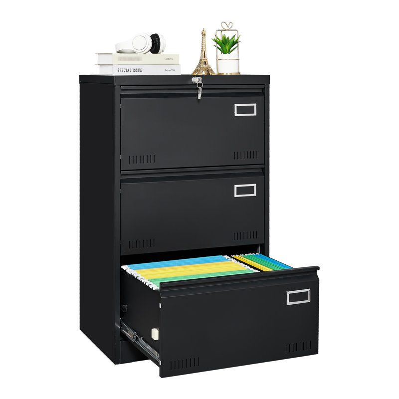 Lockable Filing Cabinet 3 Drawer,  Metal, Storage, Barrier Drawer In Home Office Organization Unit, Large Quiet Slide Rail, -Control Exterior,