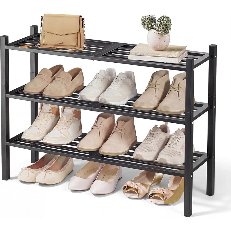 Étagère à chaussures en bambou, organisateur de chaussures empilable à 3 niveaux, pour 12 à 16 paires, étagère à chaussures en bois peu encombrante avec structure modulaire, noir encre