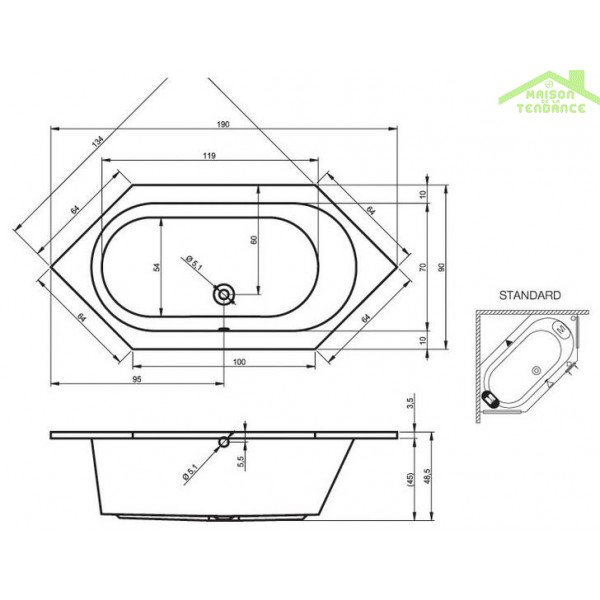 1900mm x 640mm Standard Acrylic Bathtub