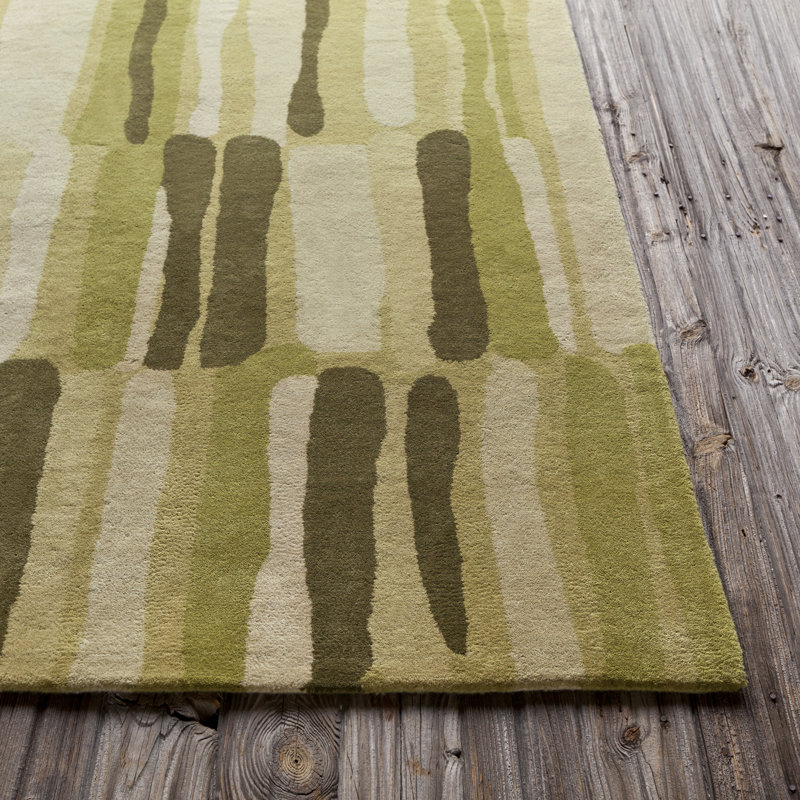 Tapis en laine abstraite moderne touffeté à la main clair céleri, vert olive, crème et beige Millwood