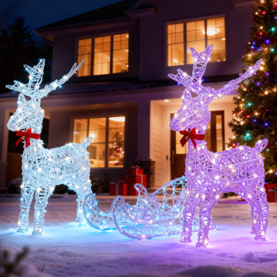2-Deer & Sleigh Christmas Reindeer Set with 150 RGB LEDs & Remote
