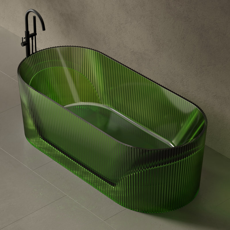 MonBlari 67" X 29.5" Fluted Freestanding Soaking Resin Bathtub with Pop-up Drain For Bathroom