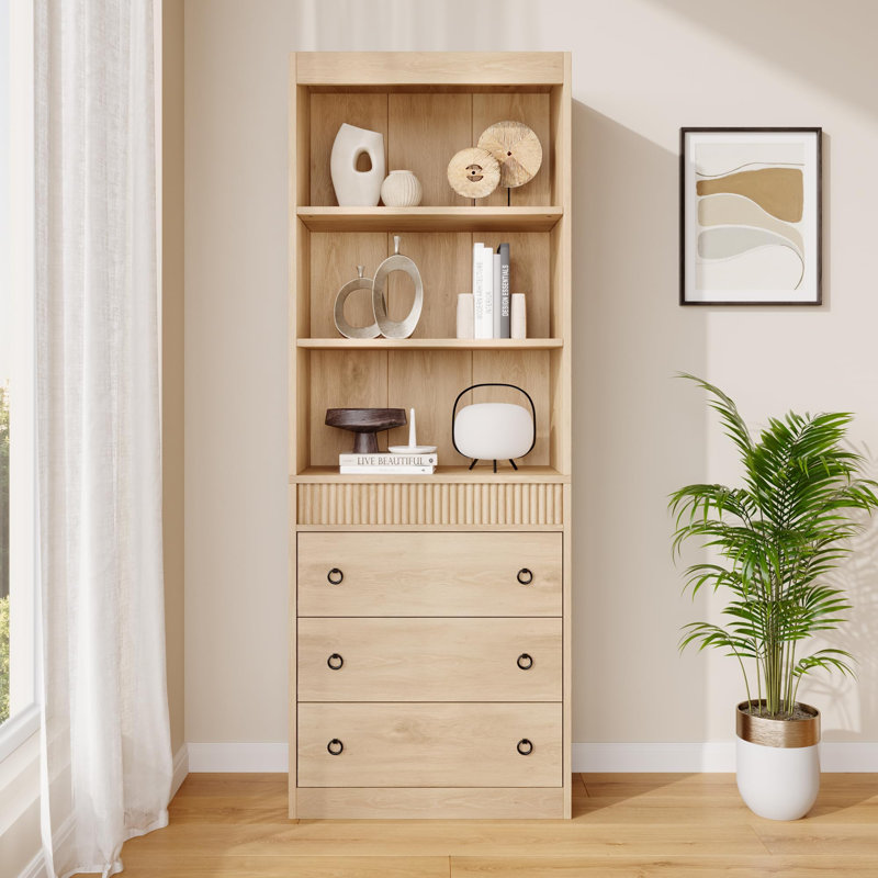 71" High Bookshelf with 3 Drawers and Open Shelves, Modern Fluted Waved Bookcase for Living Room or Home Office, Yellow