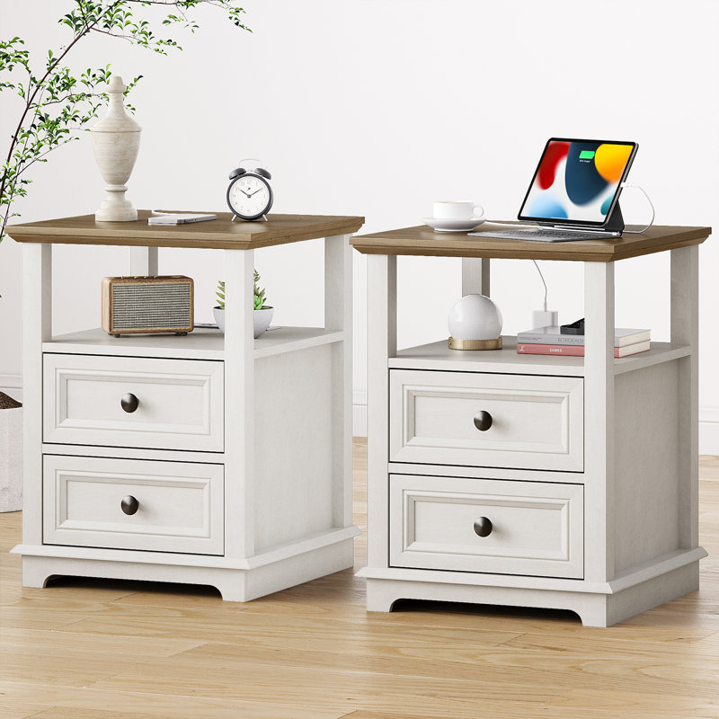 Azella Frame 2 End Table Set with Storage and Built-In Outlets, Brown Top/White Base