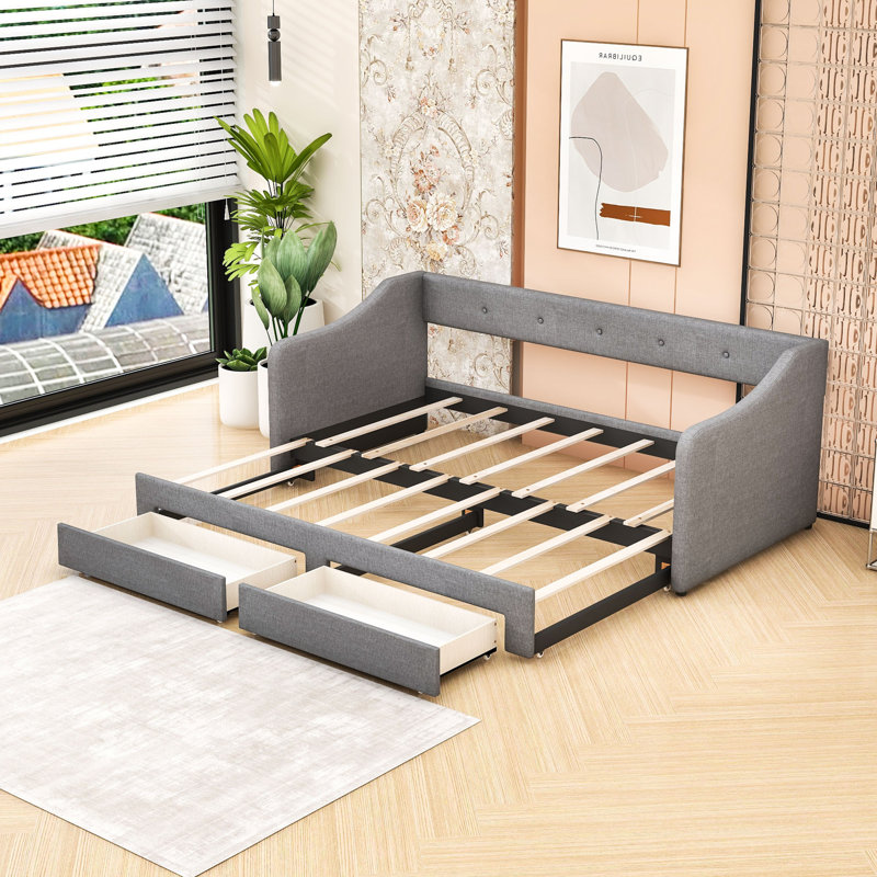 Twin XL Upholstered Daybed with 2 Drawers, Gray