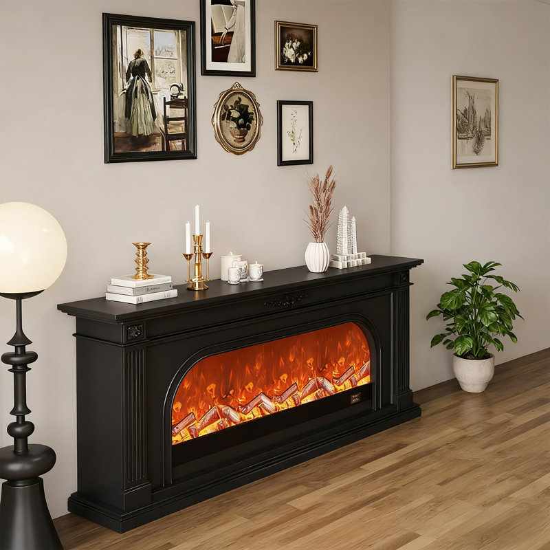 Armoire pour foyer 78,74 "American Light Luxury, blanc / noir optionnel, bois de chêne massif, foyer arqué, chauffage électronique à flamme simulée pour le salon et l'entrée