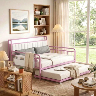 Twin Size Daybed with USB Headboard & Trundle, pink | Pull Out Couch Bed, Sofa Bed with Upholstered Headboard & Charging Station, Metal Bed Frame with Wheels, Easy Assembly