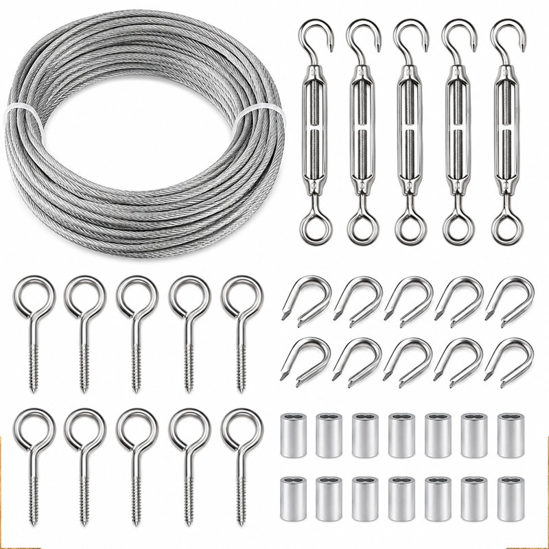Ensemble de câbles de 100 pi en acier inoxydable 304 revêtu de vinyle de 100 pi, ligne de suspension polyvalente antirouille pour guirlandes de patio, corde à linge, treillis pour plantes grimpantes et cordons de rideau