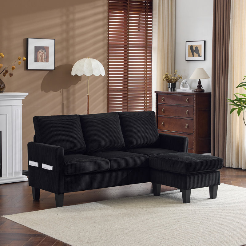 68.5 In. W Square Arm Corduroy L-Shaped 3-Seat Sofa With Storage Ottoman, Black