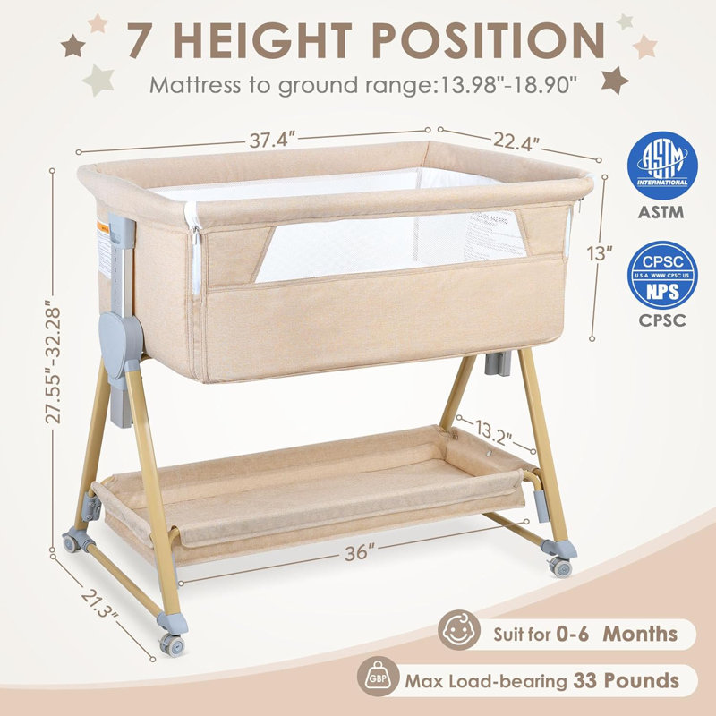 Baby Bassinet And Bedside Sleeper For Baby , 7 Height Adjustable Bedside Bassinet With Wheels, Khaki