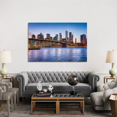 Brooklyn Bridge And Manhattan Skyline At Dusk by Jan Becke - Wrapped Canvas Print