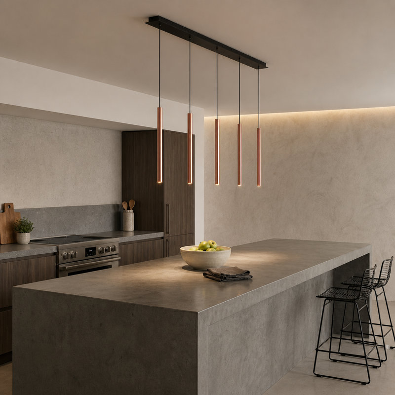 Luminaire suspendu cylindrique à DEL 5 lumières pour îlot de cuisine Baileyton, Cuivre