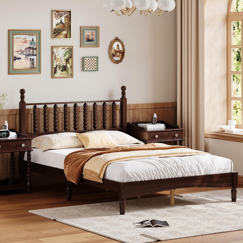 Lit plateforme double en bois avec tête de lit en forme de gourde