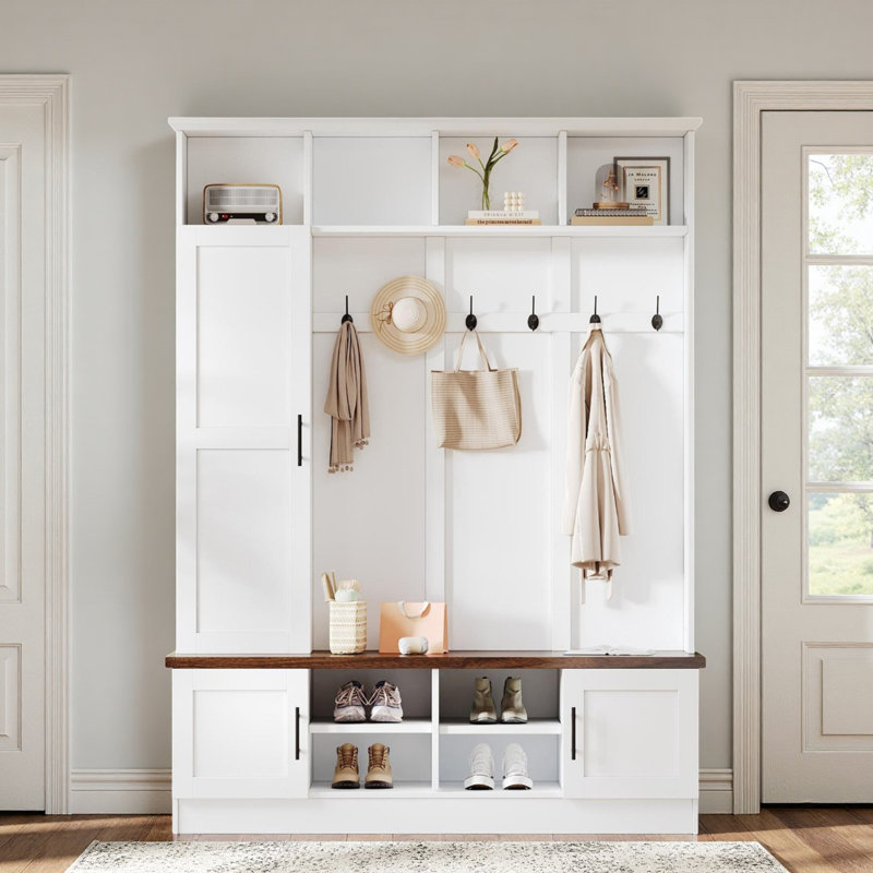 Arbre d'entrée 3 en 1 avec 6 crochets, banc, armoire gauche avec tablettes réglables et compartiments ouverts, Blanc
